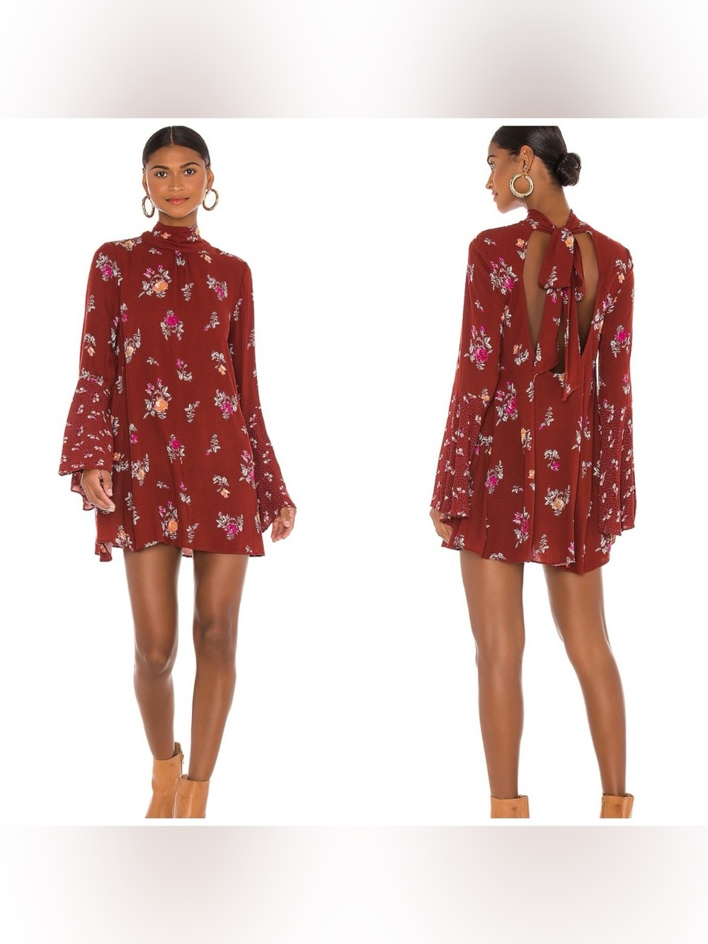 Free People Long Bell-Sleeve Shift Dress - Rust Red Swing Dress